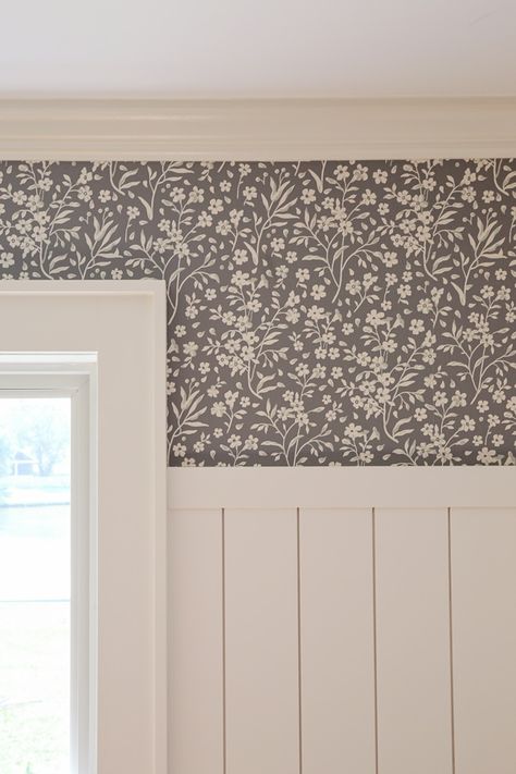 Shiplap With Wallpaper Above, Wallpaper Above Shiplap, Board And Batten With Wallpaper Living Room, Wallpaper Over Board And Batten, Wallpaper And Crown Molding, Wallpaper On Bottom Of Wall, Shiplap And Wallpaper Accent Wall, Half Shiplap Half Wallpaper Wall, Peel And Stick Wallpaper Inspiration