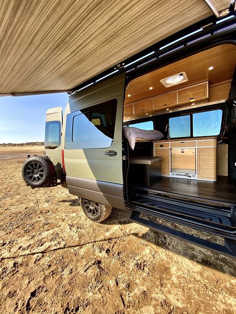 4x4 Overland Sprinter Van Conversion by Recreational Van Designs Sprinter Van Exterior Paint, Sprinter Van Exterior, Bedliner Paint Job, Van Exterior, Van Dwelling, Sprinter Van Conversion, Bali Villa, Tiny Cabins, Van Interior