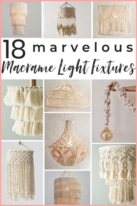 5 DIY macrame lighting projects +14 gorgeous macrame pendant lights you can buy! A shopping guide for the latest lighting craze. Macrame is popular for a good reason! These are ammmazzzing boho pendants! #macrame #boholighting #boholightingideas #macramelights #macramependantlight #macramependantlights #bohochic #bohochiclighting #macrameshoppingguide #macramelightshade #macramelightpendant #macramedecor Macrame Light Shade Diy, Macrame Lampshade Diy, Macrame Lamp Shade Diy, Macrame Light Shade, Macrame Lighting, Luminaria Diy, Diy Macrame Wall Hanging, Macrame Light, Macrame Lamp Shade