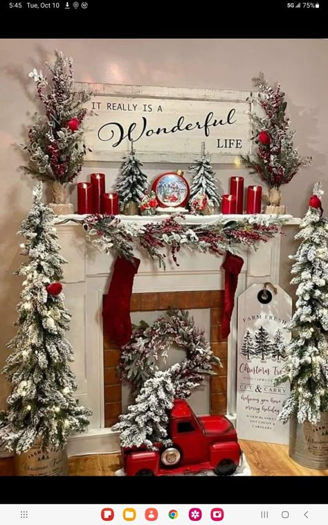 Red Truck Christmas Fireplace, Red Farm Truck Christmas, Farm Truck Decor Farmhouse, Red Truck Decor Christmas, Farm Truck Christmas Decor, Vintage Christmas Fireplace Decor, Vintage Christmas Theme Decor, Christmas Themes 2023, Christmas Decor Ideas Fireplace Mantles