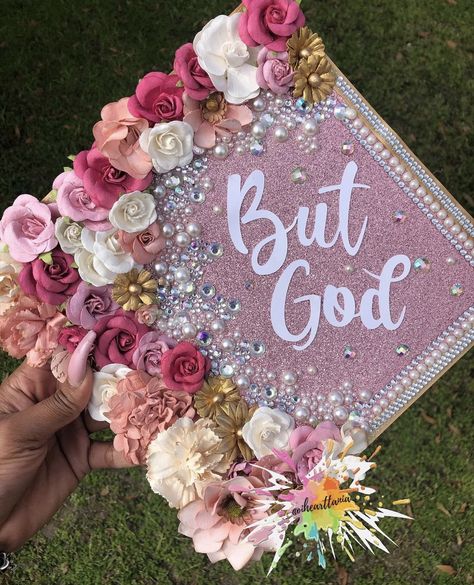 Glam Graduation Cap, Pearl And Rhinestone Graduation Cap, Kindergarten Cap Decoration Ideas Girl, Glittery Graduation Cap Ideas, Godly Graduation Caps, Decorative Graduation Cap Ideas, Graduation Cap Scripture Ideas, Christian Cap Decoration Graduation, Blinged Out Graduation Caps