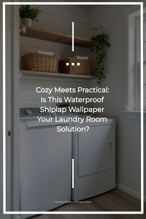 Rustic laundry room featuring gray shiplap wallpaper, open shelving, and woven baskets Shiplap Laundry Room Wall, Shiplap Laundry Room, Paneling Sheets, Shiplap Wallpaper, Gray Shiplap, Shiplap Paneling, Wallpaper Top, Laundry Room Colors, Rustic Laundry Rooms