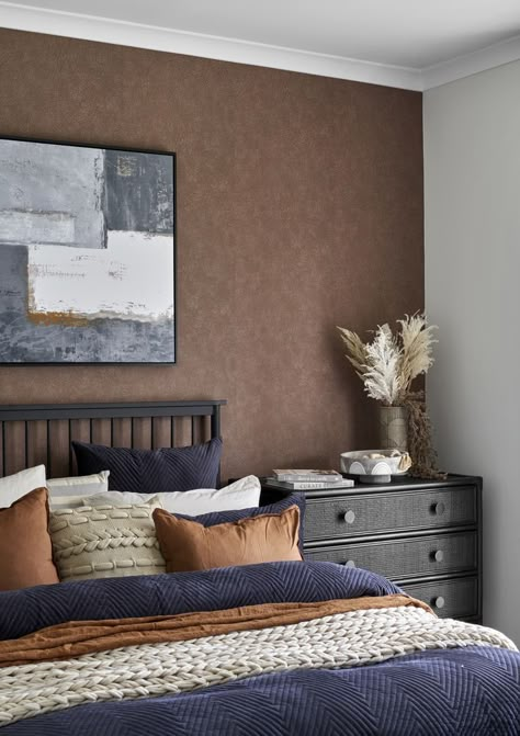 Brown And Terracotta Bedroom, Terracotta And Navy Bedding, Navy Blue And Brown Bedding, Light Brown Wall Bedroom Ideas, Dark Brown And Blue Bedroom, Blue Brown Black Bedroom, Navy And Brown Bedding, Navy And Tan Bedroom Ideas, Beige Brown Blue Bedroom