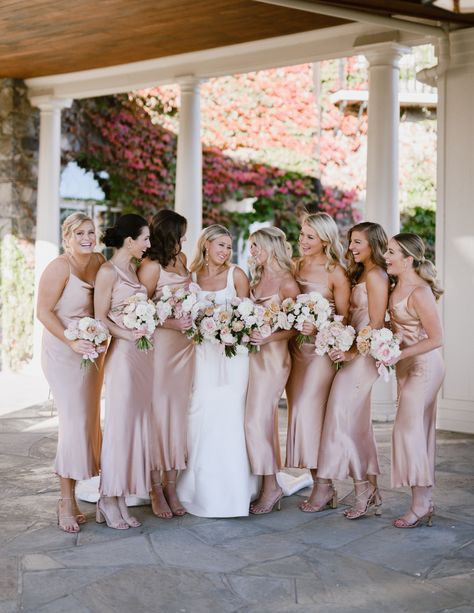 Champagne Pink Bridesmaid Dress, Light Pink Bridesmaids, Baby Pink Wedding, Gothic Wedding Theme, Light Pink Bridesmaid Dresses, Silk Bridesmaid Dresses, Blush Pink Bridesmaids, Pink And White Weddings, Light Pink Wedding