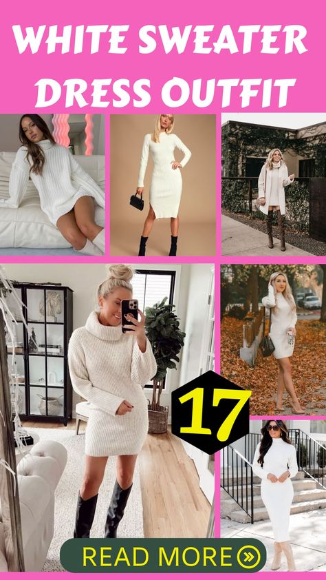 White Sweater Dress Outfit How To Wear White Dress In Winter, Long White Sweater Dress Outfit, All White Winter Outfit Party, Christmas Sweater Dress Outfit, Winter White Dress Outfit, White Sweater Dress Outfit Winter, White Winter Dress Outfit, White Sweater Dress With Boots, White Dress With Tights