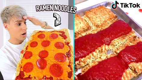 Ramen Pizza, Roman Noodles, Pizza Base, Bizarre Foods, Ramen Noodle Recipes, Ramen Noodle, Tiktok Video, Noodle Recipes, Ramen Noodles