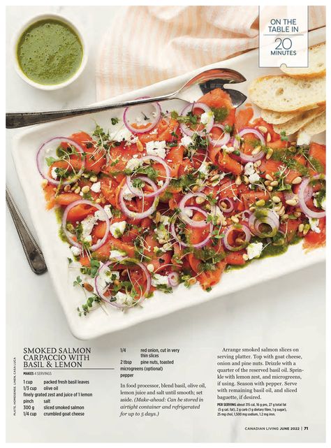 SMOKED SALMON CARPACCIO WITH BASIL & LEMON (Canadian Living), 01 juin 2022 Salmon Basil, Salmon Carpaccio, Smoked Salmon Platter, Carpaccio Recipe, Smoked Salmon Appetizer, Gourmet Food Plating, Newspaper Magazine, Party Food Buffet, Digital Newspaper