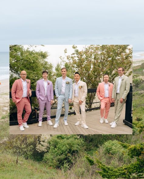 Captured the stylish vibes of Jeff and Ben’s spring wedding at the @gurneysresorts with their dapper groomsmen in colourful pastel suits. Photographer: @khatleen.photography Videographer: @bradyweddings @thebrothersgorman @angelo.rigogliosi Florist: @jennywildflower Makeup: @mariaortegamakeup Grooms’ Suits: @dior Groomsmen Suits: @indochino @indochinoweddings Wild Flower Groomsmen, Groomsmen Multicolor, Pastel Tuxedo Men, Spring Groomsmen Attire Color Schemes, Pastel Bridal Party Groomsmen, Groomsmen Spring Wedding, Colourful Groomsmen, Rainbow Groomsmen, Pastel Groomsmen Attire