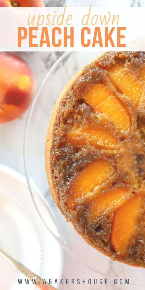 Bocha Sweet Recipes, Caramel Peach Upside Down Cake, Upsidedown Cake Recipes, Peach And Pear Recipes, Baking With Peaches, Things To Make With Peaches, Peach Cake Recipe Easy, Brown Sugar Peach Cake, Peach Upside Down Cake Recipe