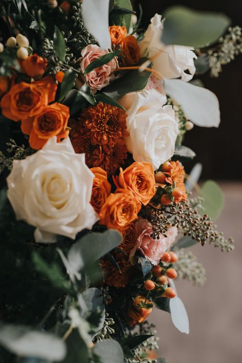 Orange And Green Bouquet, Green White Rust Bouquet, Wedding Pumpkins, Orange And Eucalyptus Bouquet, Green And Orange Bridal Bouquet, Fall Wedding Color Schemes November, Rustic Orange Bouquet, Orange Spray Rose, Bohemian Wedding Bouquet