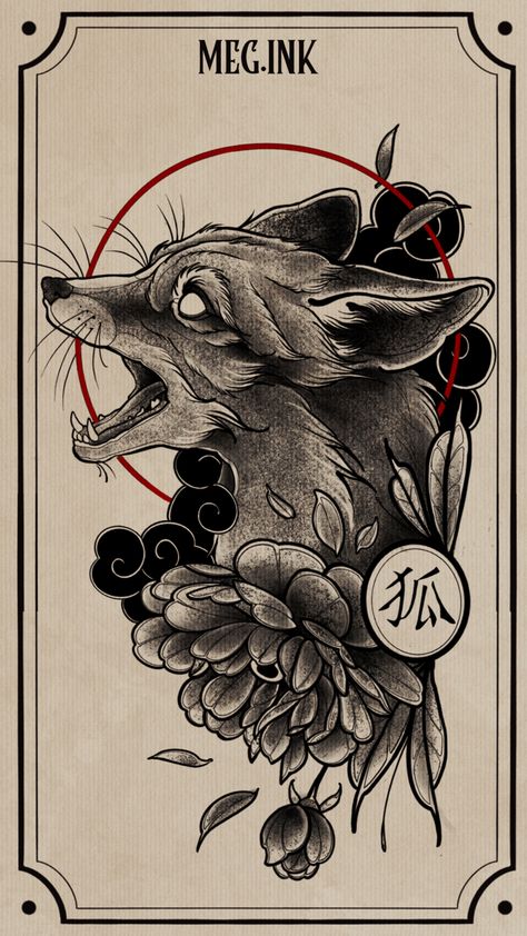 Black And Gray Fox Tattoo, Sly Fox Tattoo, Inari Fox Tattoo, Blackwork Fox Tattoo, Gothic Fox Tattoo, Dark Fox Tattoo, Black And White Fox Tattoo, Black Fox Tattoo, Neotraditional Tattoo Sketch