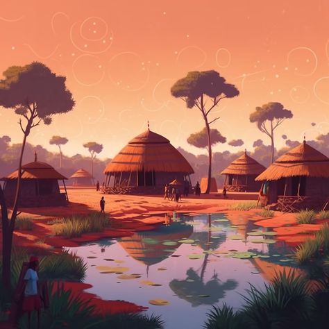 Village in Burkina Faso Africa Illustration Art, African Landscape Drawing, African Village Art, Africa Background, African Village Fantasy Art, African Kingdom Concept Art, Fantasy Africa, African Village Illustration, Africa Village