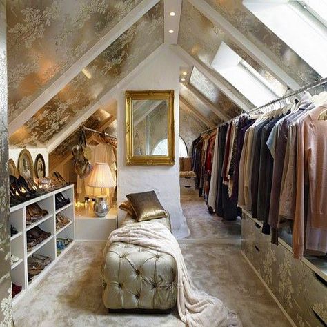 Attic walk-in closet Attic Wardrobe, Attic Staircase, Attic Renovation Ideas, Attic Doors, Finished Attic, Attic Closet, Attic Playroom, Attic Loft, Attic House