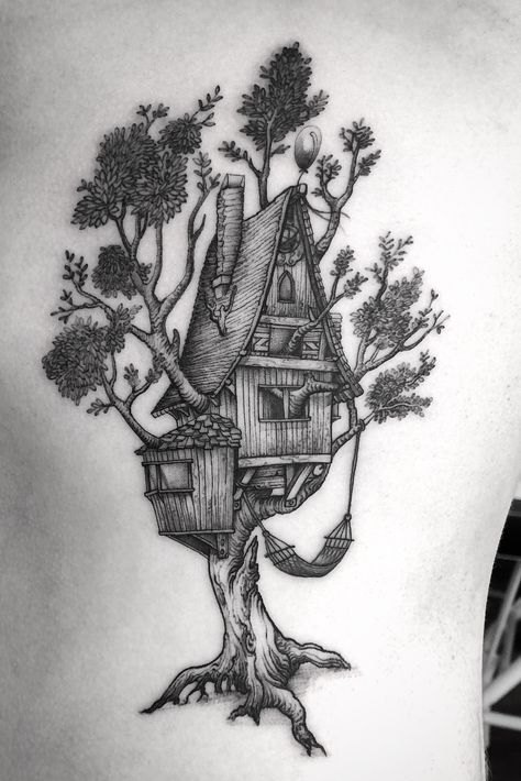 simple but somewhat detailed Tree House Tattoo, Tree Tattoo Ideas, Tree House Drawing, Tattoo Nightmares, House Tattoo, Tree Tattoos, Home Tattoo, 3d Modelle, Tattoo Life