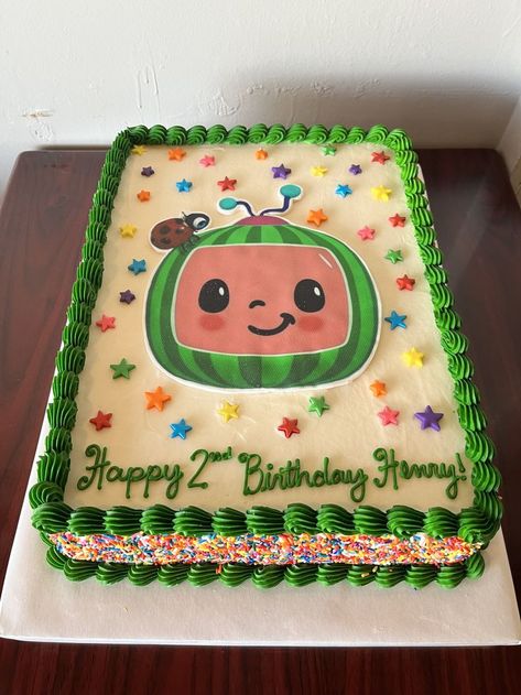 Coco Melon Sheet Cake, Cocomelon Cake Without Fondant, Cocomelon Watermelon Cake, Cocomelon Sheet Cake Ideas, Cocomelon 2nd Birthday Cake, Cocomelon Cake Ideas For Boy, Cocomelon Sheet Cake, Simple Cocomelon Cake, Cocomelon Birthday Cake Boy