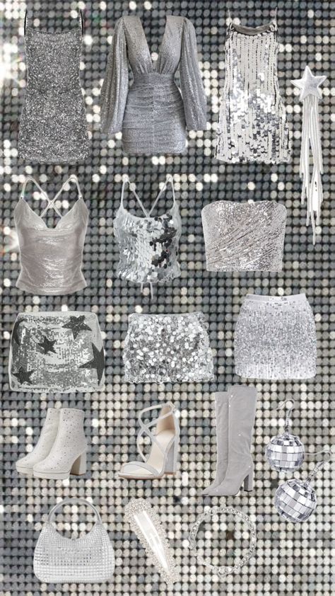 silver outfits #silveroutfit #silver #birthdayfit #mirrorballl #discoballs #discoball #discovibes #discoparty #discobirthday #taylorswiftconcertfitinspo #taylorswiftconcertfit #taylorswifterastouroutfit Disco Aesthetic, Disco Birthday Party, Silver Outfits, Bachelorette Themes, Birthday Fits, Birthday Party Outfits, Bachelorette Outfits, Glitter Party, Bridal Shower Dress