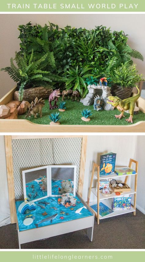 Train Table Makeover Dinosaur, Train Table Small World Play, Dinosaur Train Table, Small World Play Table, Dinosaur Table Play, Train Table Hacks Ideas, Kmart Train Table Hack, Diy Dinosaur Play Table, Dinosaur Small World Play