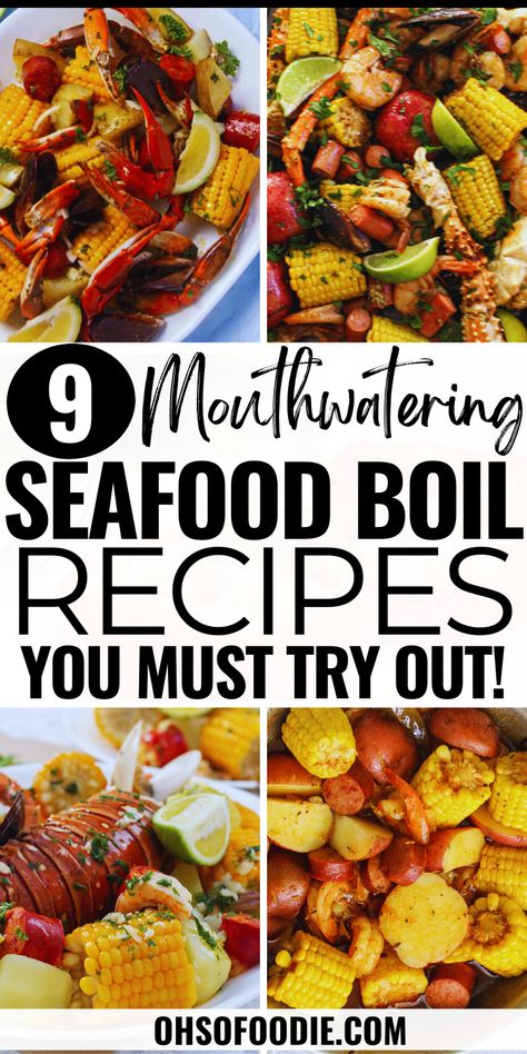 Text reads 9 Mouthwatering Seafood Boil Recipes You Have To Try Out! Large Crab Boil, Mini Shrimp Boil, Crab Bake Party Seafood Boil, Seafood Boil Menu Ideas, Noodles Seafood Boil, Seafood Boil In A Bag In Oven, Crab Boil Stove Top, Diy Seafood Boil, Seafood Boil Recipes In A Bag