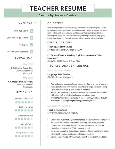 16+ Teacher Resume Examples & Text Templates for 2024 Teacher Resume Examples, Teaching Resume, Resume Objective Examples, Resume Template Examples, Teacher Resume Template, Resume Objective, Jobs For Teachers, Teacher Assistant, Teaching Skills