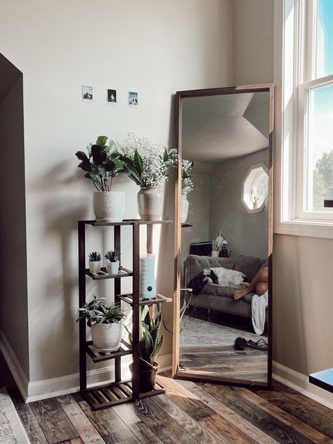 Mirror: Target Plant Stand: Amazon #cozybedroom #minimalist #plants #roominspiration Mirror And Plant Corner, Standing Mirror In Bedroom Aesthetic, Corner Mirror Decor, Mirror Dresser Decor, Bedroom With Books, Bedroom Corner, Room Corner, Living Room Corner, Bedroom Plants