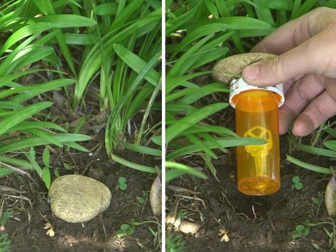 Pill Bottle Key Hider Yard On A Budget, Small Front Yards, Oversized Planters, Shed Makeover, Georgia House, Scary Houses, Paper Table Runner, Pill Bottle, Small Front Yard Landscaping