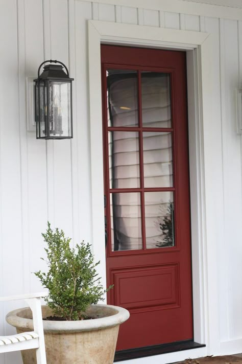 Red Screen Door, White House Red Front Door, Red Interior Doors, White House Colored Door, White House With Red Door, Red Front Door Colors, Red Front Door Paint Color, Red Doors On Houses, White House Red Door