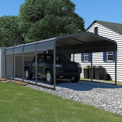 This 12x20 metal carport is a versatile solution for sheltering your car, boat, RV, and outdoor equipment. It can also serve as a shaded area for outdoor activities or storage of your sectional dining set. This carport is a multipurpose addition to your outdoor space. #garage #garageorganization #garagestorage #garagegoals #garageorganizers Carport Tent, Metal Carport Kits, Galvanized Metal Roof, Car Porch Design, Shelter Building, Garage Extension, Carport Kits, Steel Carports, Carport Canopy