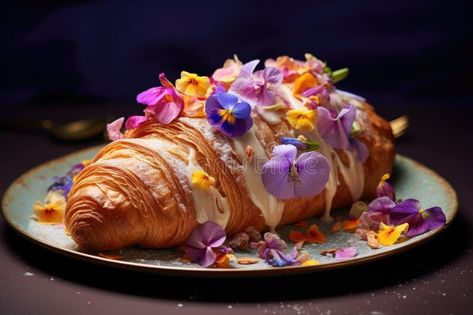 Colorful floral croissant. Baking with the edible flower croissant trend. apothecary aesthetic stock photos Aesthetic Advertisement, Bread Photos, Apothecary Aesthetic, Croissant Aesthetic, Mango Jelly, Ceramic Glazing, Dream Cafe, Aesthetic Illustration, Bread Art