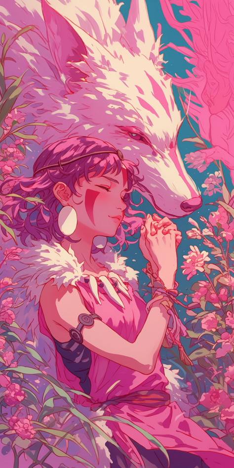 Princess Mononoke Iphone Wallpaper, Princess Mononoke Illustration, Princess Monoke Art, Studio Ghibli Art Ponyo, Pink Ghibli Wallpaper, Pink Studio Ghibli Wallpaper, Gibli Studio Aesthetic Wallpaper, Studio Ghibli Background Wallpapers, Gibli Studio Wallpaper