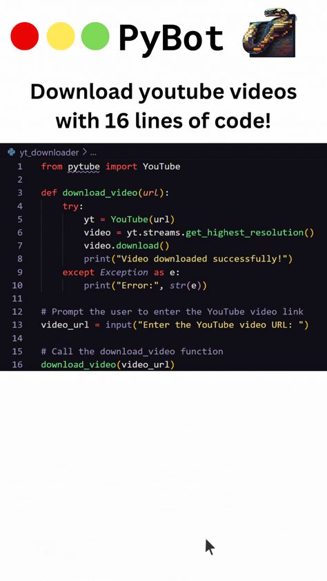 Easy youtube video downloader with the Pytube library in 16 lines of code. React below for code ideas or collabs! | PyBot Python Ideas, Programing Jokes, Python Code, Coding Lessons, Basic Computer Programming, Computer Science Programming, Web Development Programming, Data Science Learning, Learn Computer Science