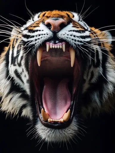 ↑↑↑ Larger size on website 🔸 A tiger's face fills the frame, its mouth wide open in a menacing roar. Its sharp teeth are bared, a Tiger Mouth Open, Tiger Roaring Photography, Tiger Teeth, Mouth Tattoo, Tiger Roar, Mouth Wide Open, Angry Tiger, Tiger Roaring, Tiger Claw