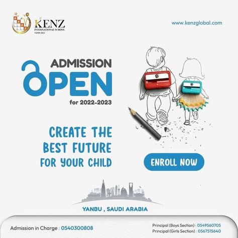 Create the best future for your child. Admission open for 2022-23. Preschool onwards. Enroll now. www.kenzglobal.com | +966 540300808 . . . . #KenzInternationalSchool #Quotefortheday #Kindergarten #SchoolsinYanbu #EnrolllNow #yanbu #KSAlife #saudiarabia #saudi #education #kenz Healthcare Ads, School Advertising, Preschool Designs, Admissions Poster, School Board Decoration, Digital Marketing Quotes, Admission Open, School Opening, School Admissions