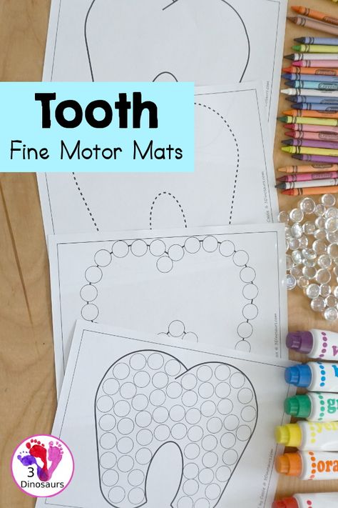 Free Tooth Fine Motor Dot Marker Printables - with four pages of printables with a tooth template to color, a tooth to trace and a dot marker tooth, all great for dental health fine motor centers. -3Dinosaurs.com #finemotor #dentalhealth #prek #kindergarten #dentalhealthmonth #3dinosaurs Tooth Fairy Preschool Activities, Dental Health Fine Motor Activities, Tooth Template Free Printable, Dental Activities For Preschool, Community Helpers For Kids, Tooth Template, Tooth Preschool, Dentist Crafts, Birds Crafts