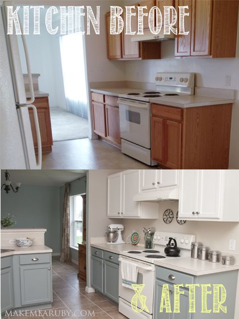 Diy Cozinha, Rustoleum Cabinet Transformation, Rustoleum Cabinet, Kitchen Diy Makeover, Two Tone Kitchen, Diy Kitchen Renovation, White Appliances, Remodeling Mobile Homes, Kitchen Cabinets Makeover