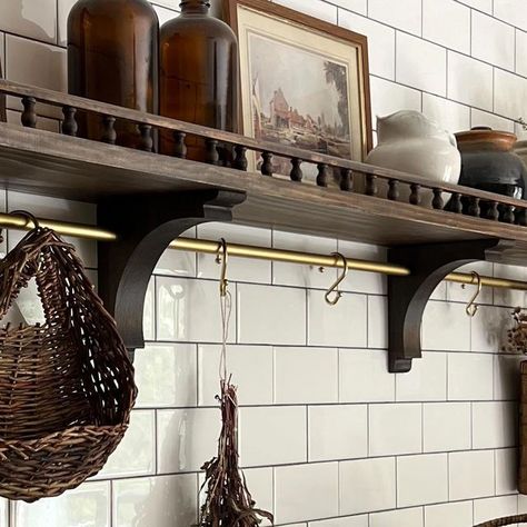 Wall Shelf With Hanging Rod, Kitchen Shelves With Corbels, Unique Kitchen Shelving Ideas, Shelf Over Stove Ideas, Shelving Above Stove, Shelf Over Kitchen Window, Shelves With Corbels, Shelf Above Stove, Shelf Above Kitchen Sink