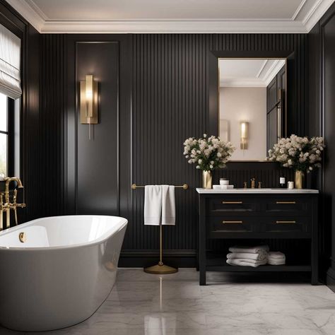 Double Sink Bathroom Ideas Decor, Grey And Black Bathroom, Black Master Bath, Living Playroom, Master Bath Decor, Modern Wainscoting Ideas, Half Bathroom Design, Wainscoting Ideas, Main Bathroom Ideas