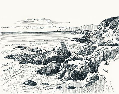 Beach Sketches, Landscape Pencil Drawings, Beach Drawing, Ink Pen Art, Sky Art Painting, Sketch Portrait, Pen Art Drawings, Landscape Sketch, Happy New Year Everyone