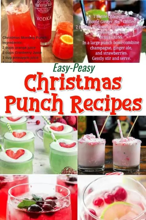 Christmas Punch Recipe Ideas - Easy peasy Christmas and Holiday punch recipes for Christmas morning, brunch, big batch punch recipes for a crowd. See Christmas themed spiked punch recipes and non-alcoholic too. Punch recipes include ingredients like vodka, ginger ale, sherbet, pineapple juice, raspberry, cranberry and more. Skip the traditional boring Christmas party punches at your winter party and try these unique twists on holiday drinks. Non Alcohol Party Punch, Christmas Punch Recipes Non Alcoholic With Sherbet, Christmas Punch For Kids Easy, Christmas Punch For Kids Party, Kids Christmas Punch Recipes, Christmas Punch Recipes For Kids, Christmas Punch With Sherbet, Xmas Punch Recipes, Spiked Christmas Punch