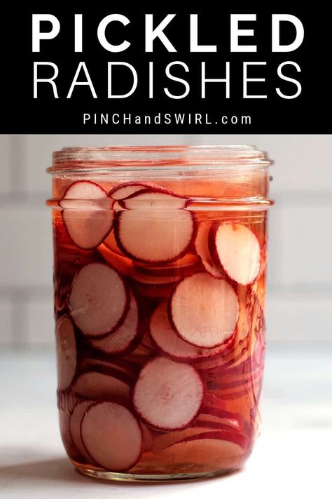 An easy recipe for quick Pickled Radishes - make them in just 10 minutes! With rice vinegar for zing, honey to make them sweet and a bit of fresh garlic to make them slightly spicy. They're a great snack and a perfect pair for Korean Fried Chicken! #quickpickledradishes #easypickledradishes Pickle Radishes, How To Store Radishes, Koreansk Mad, Radish Recipe, Quick Pickled Radishes, Chicken Avocado Burger, Pickled Vegetables Recipe, Red Radish, Pickled Radish