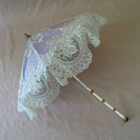 Antique French Brussels Lace Parasol c.1860 Amethyst 18K Gold Handle Diamond Monogram-NewYorkVintage Linens Lace Umbrella Aesthetic, Purple Parasol Aesthetic, Rococo Umbrella, Regency Umbrella, Pretty Umbrellas, Aesthetic Umbrella, Victorian Umbrella, Umbrella Aesthetic, Victorian Parasol