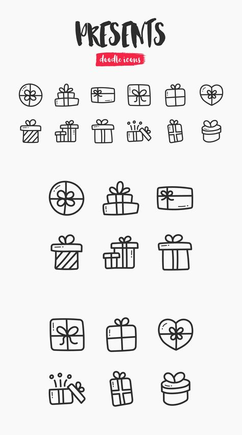 Presents Hand-Drawn Doodle Icons Present Doodle, December Doodles, Cute Christmas Doodles, Bullet Journal Icons, Ar Ideas, Gift Doodle, Small Doodles, Embroidery Journal, Whiteboard Ideas