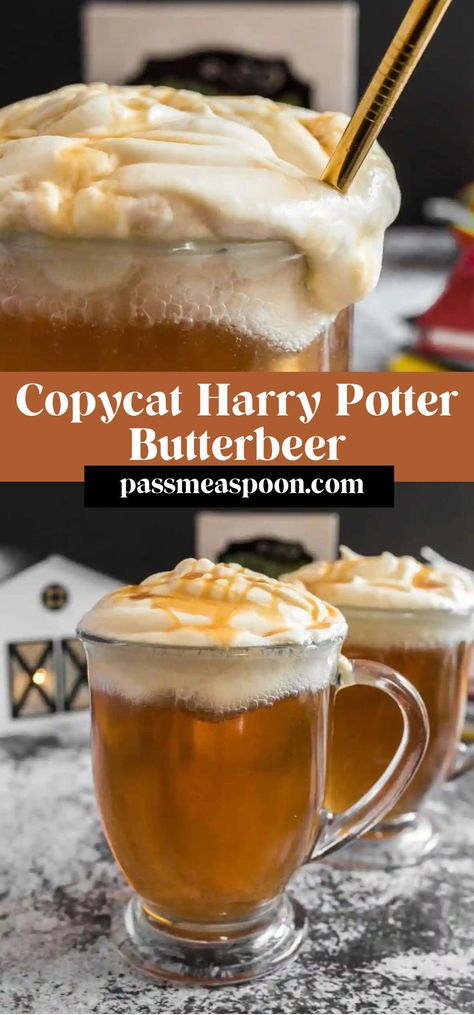 This easy, homemade Copycat Butterbeer recipe brings the Wizarding World of Harry Potter to your kitchen! The perfect treat for your next HP Movie marathon! Homemade Butterbeer Recipe, Harry Potter Inspired Meals, Harry Potter Friendsgiving, Harry Potter Themed Snacks Movie Nights, Harry Potter Dinner Recipes, Copycat Butterbeer, Harry Potter Food Recipes, Harry Potter Inspired Food, How To Make Butterbeer