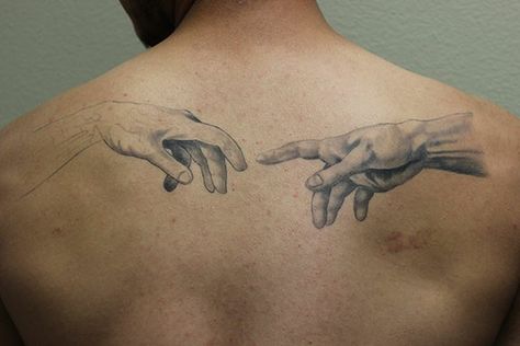 Sistine Chapel Hands, Angel Hand Tattoo, Hands Tattoo, Timeless Tattoo, Back Of Neck Tattoo, Greek Tattoos, Small Tattoos For Guys, Collar Bone, Sistine Chapel