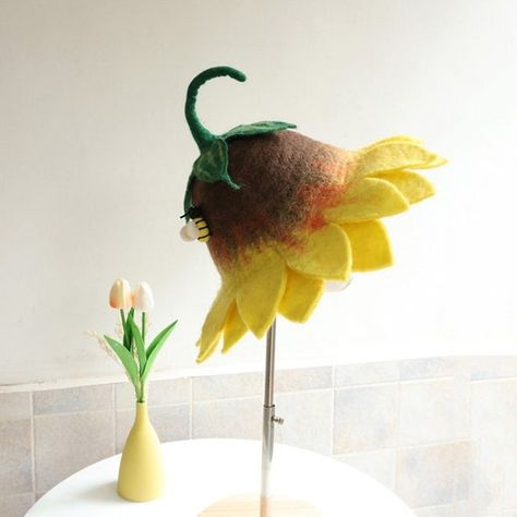 Sun Flower Hat Felted Wool Bucket Hat Funny Novelty Cartoon | Etsy Flower Bucket Hat, Wool Bucket Hat, Clown Dress, Foam Wigs, Sunflower Hat, Felted Hat, Fairies Photos, Hat Flower, Cartoon Flower