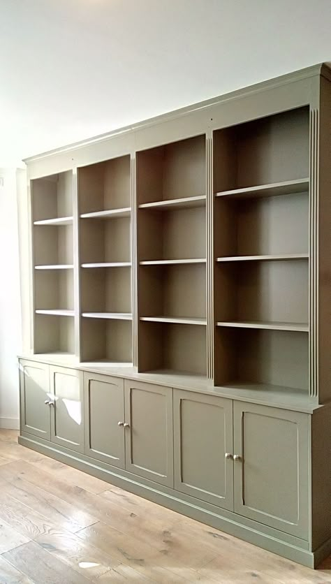 Bookcase Wall High Ceiling, English Cottage Bookshelves, Diy Floor To Ceiling Bookcase, Wardrobe With Bookshelves, Study With Built In Bookshelves, Built In Shelves For Office, Bookcase Between Windows, Taupe Bookshelves, Build In Bookshelf