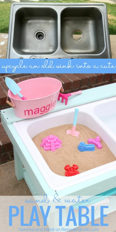 make a kids sand and water table for outdoor sensory play from an old sink, tutorial from Tattered and Inked on @Remodelaholic Outdoor Play Table, Outdoor Sensory Play, Old Sink, Outdoor Play Areas, Sand And Water Table, Outside Play, Kids Sand, Kids Outdoor Play, Water Table