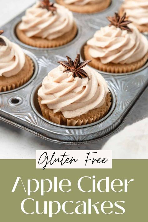 These apple cider cupcakes with cinnamon cream cheese frosting will be your new favorite Fall dessert. They are fluffy and soft with hints of cinnamon and apple in every bite. They're secretly gluten free too! Apple Cider Gluten Free Cake, Apple Cider Cupcakes Gluten Free, Gluten Free Thanksgiving Cupcakes, Gluten Free Apple Cider Cupcakes, Gluten Free Apple Cider Muffins, Apple Cider Desserts, Apple Cider Cupcakes, Gluten Free Baked Goods, Cider Cake