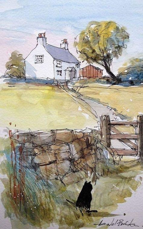 By Annabel Burton Watercolour Landscape, Watercolor Architecture, Watercolour Inspiration, Soyut Sanat Tabloları, Watercolor Painting Techniques, 수채화 그림, Watercolor Landscape Paintings, Landscape Drawings, Watercolor Sketch