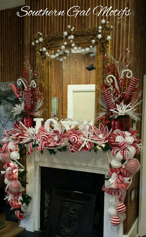 Whimisical Christmas  Mantle Design by Southern Gal Motifs, LLC Candy Cane Christmas Fireplace, Red And White Mantle Decor, Candy Cane Fireplace Decor, Candy Cane Mantle Decor, Red And White Christmas Mantle, Candy Cane Wreaths, Candy Cane Christmas Decorations, Christmas Mantles, Mantle Design