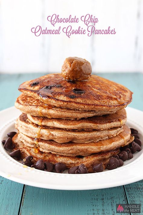 Chocolate Chip Oatmeal Cookie Pancakes - dollop with cookie butter for an outrageous breakfast! No one has to know they're whole wheat! Oatmeal Cookie Pancakes, Cookie Pancakes, Pancakes Ideas, Oatmeal Pancakes Recipe, Chocolate Chip Oatmeal Cookies, Handle The Heat, Breakfast Oatmeal, Chocolate Chip Pancakes, Oatmeal Pancakes